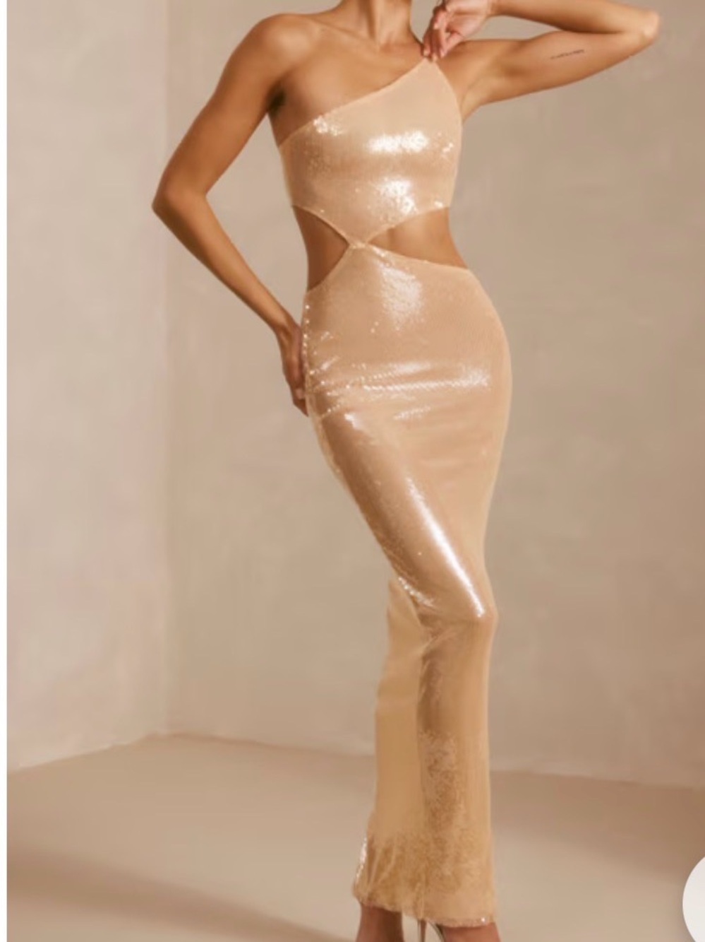 Oh Polly | Sheer Sequin One Shoulder Cut Out Maxi Dress in Tan.